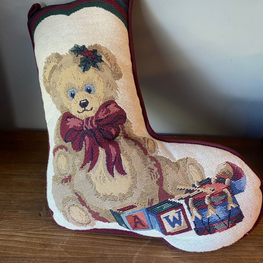 Vintage Tapestry Christmas Stocking Pillow Teddy Bear Alphabet Blocks Burgundy